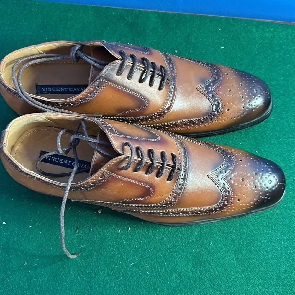 Vincent Cavallo Brown Leather Wingtip Dress Shoes Size 10 Lace-Up Oxford Men's